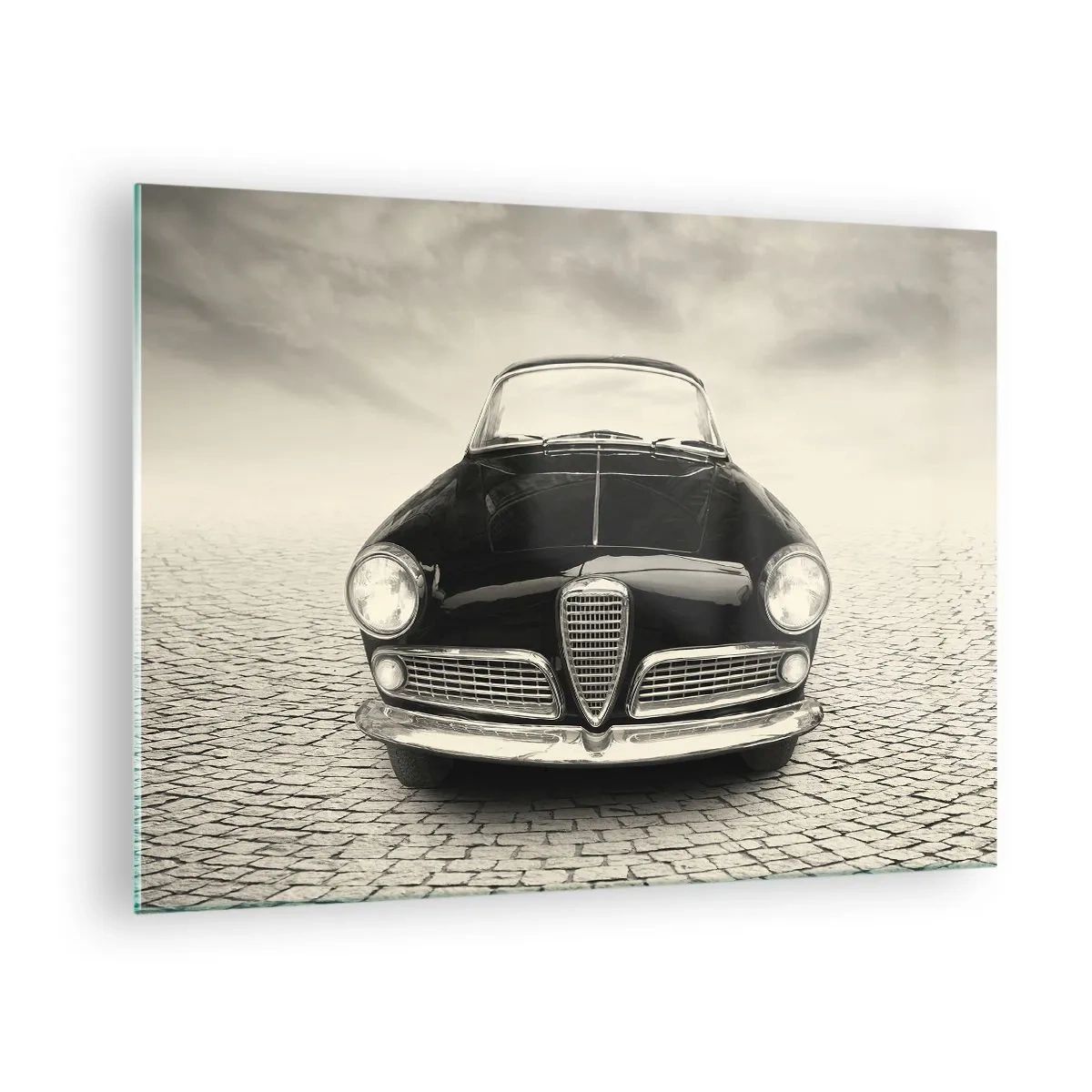 Glass picture - Classic car on cobblestone road in black and white - 70x50cm - How Can You not Love Me? - Modern wall decoration for the living room and bedroom ARTTOR