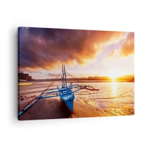 Canvas picture - Blue boat on the beach at sunset - 70x50cm - After a Long Day, Stretching on the Sand - Modern wall decoration for the living room and bedroom ARTTOR