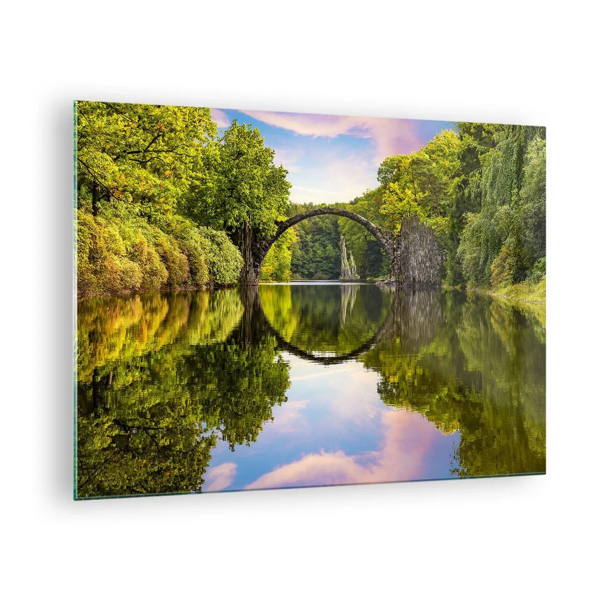 Glass picture - A stone bridge reflected in the calm surface of the lake - 70x50cm - At the Crossroads of Two Worlds - Modern wall decoration for the living room and bedroom ARTTOR