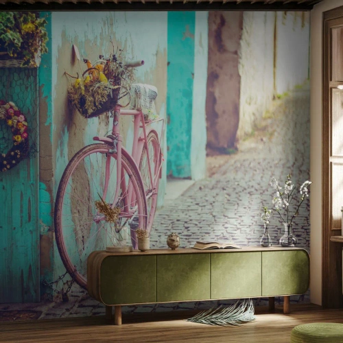 Photo Wallpaper Premium Canvas - Be Right Back - Bicycle, Architecture, Flowers - 400x280 cm