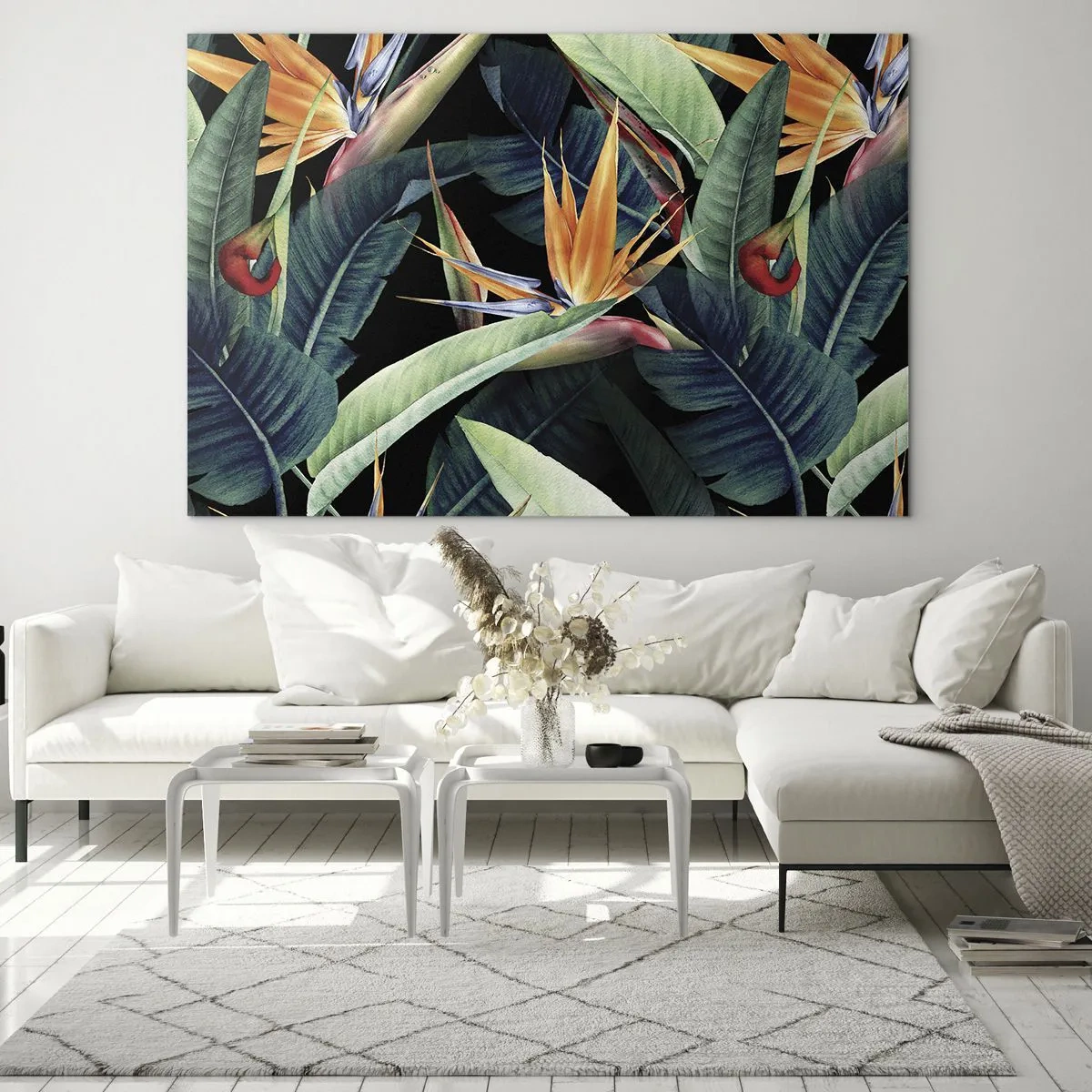 Glass picture - Strelitzia flowers and tropical leaves on a black background - 70x50cm - Flaming Flowers of the Tropics - Modern wall decoration for the living room and bedroom ARTTOR