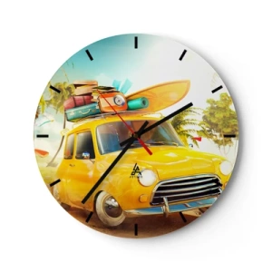 Wall clock - Clock on glass - A yellow car with luggage and a surfboard - 30x30cm - Happy Travels - Modern wall decoration for the living room, kitchen, and bedroom ARTTOR