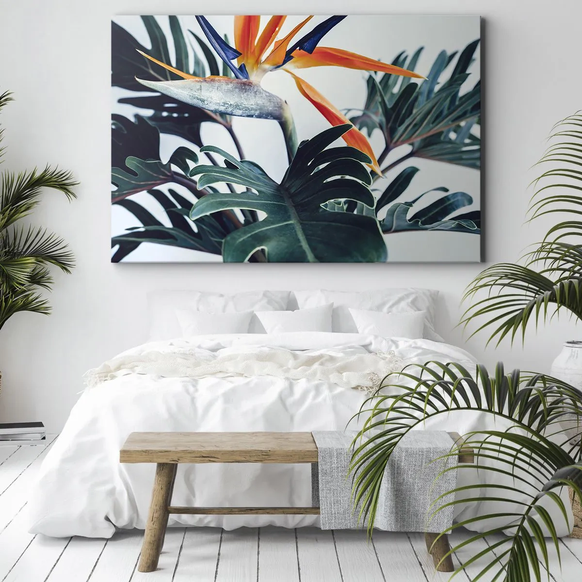 Canvas picture - Strelitzia flower surrounded by leaves in bright light - 70x50cm - Birdy Bush - Modern wall decoration for the living room and bedroom ARTTOR