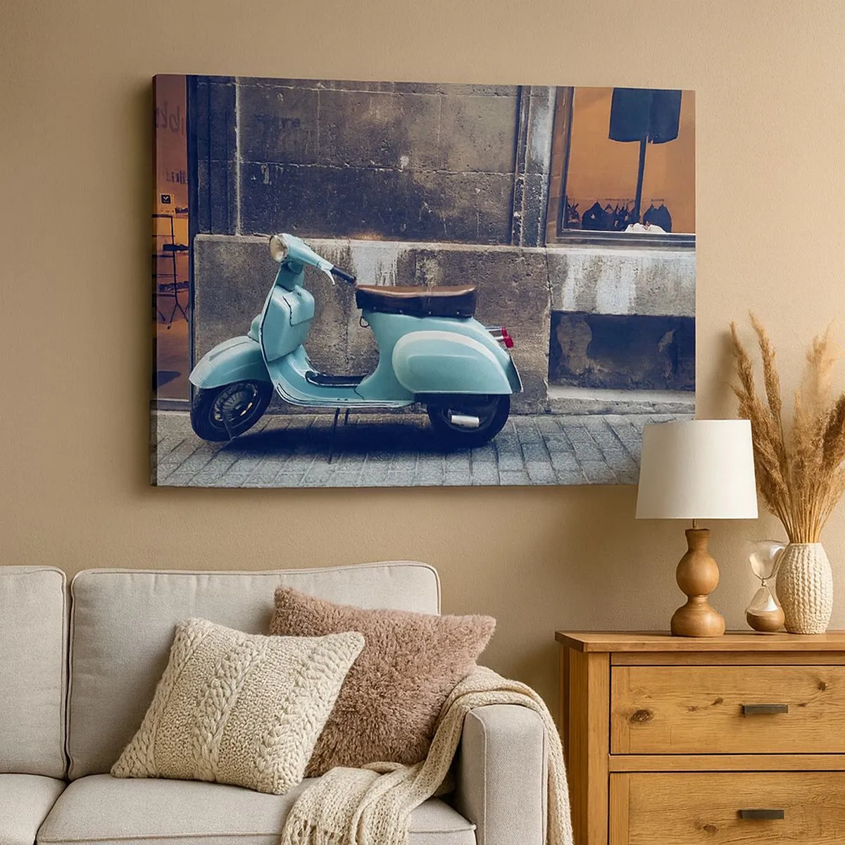 Canvas picture - A retro scooter parked against a stone wall - 70x50cm - Unforgetable Atmosphere - Modern wall decoration for the living room and bedroom ARTTOR