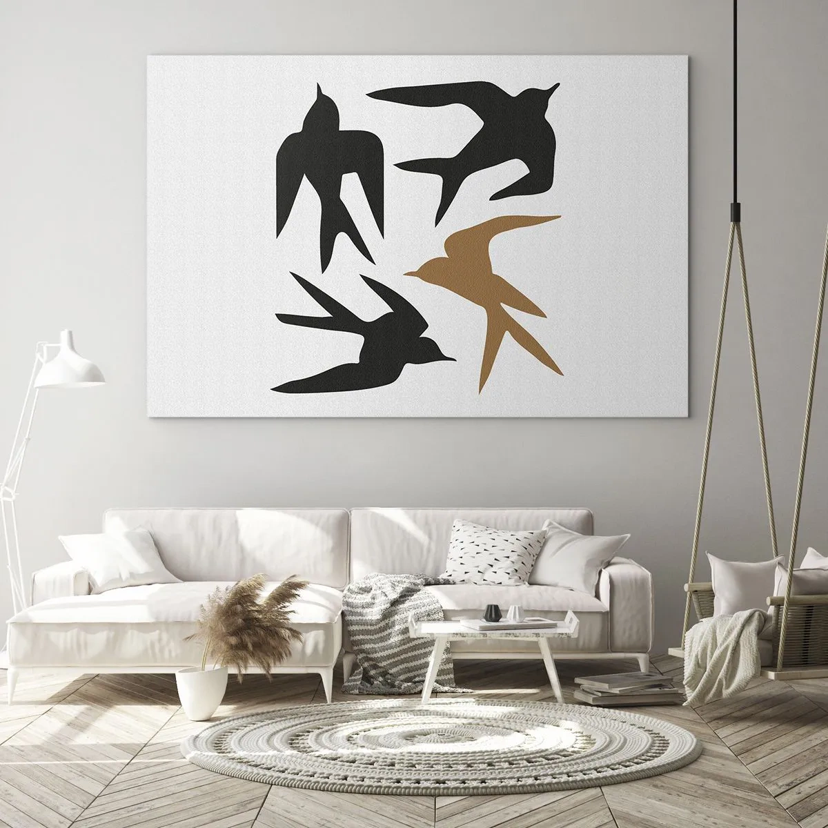 Glass picture - Four flying swallows in a minimalist style - 70x50cm - Swallows at Play - Modern wall decoration for the living room and bedroom ARTTOR
