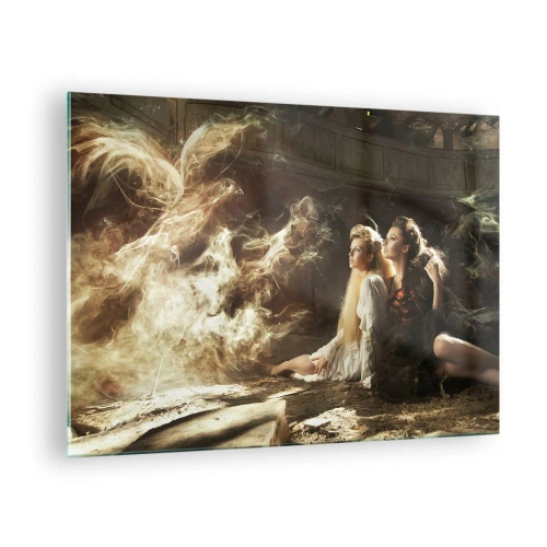 Glass picture - Two women with a fiery phoenix in a magical setting - 70x50cm - And There Was Poetry - Modern wall decoration for the living room and bedroom ARTTOR