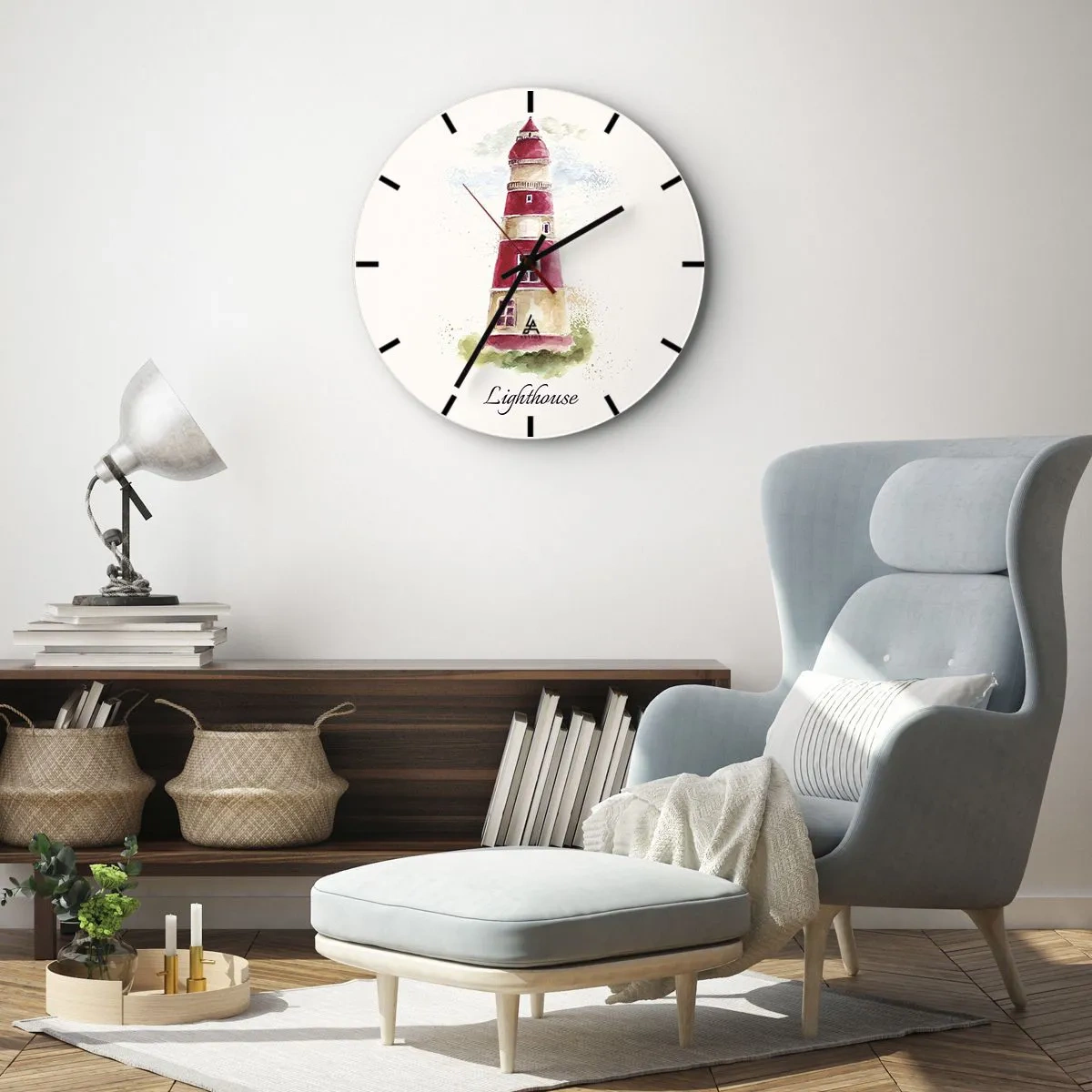 Wall clock - Clock on glass - A red lighthouse against the sky and greenery - 30x30cm - Around It the Weather Is Always Nice - Modern wall decoration for the living room, kitchen, and bedroom ARTTOR