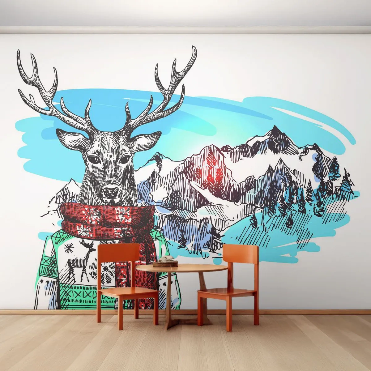 Photo Wallpaper Premium Canvas - Even a Deer Is Not Cold - Abstraction, Deer, For children - 350x256 cm