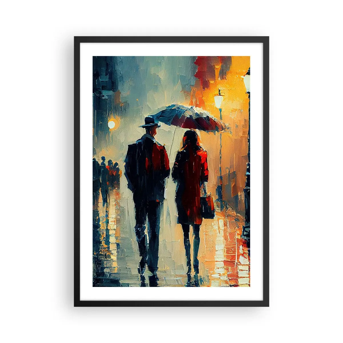 Poster in black frame - Romantic couple under an umbrella in the rain - 50x70cm - Urban Love Story - Modern wall decoration for the living room and bedroom ARTTOR