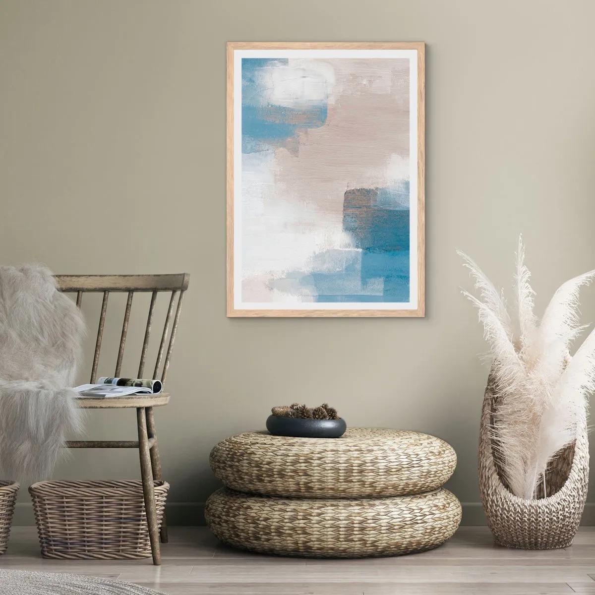 Poster in light oak frame - Pink Abstract with a Blue Curtain - 50x70 cm