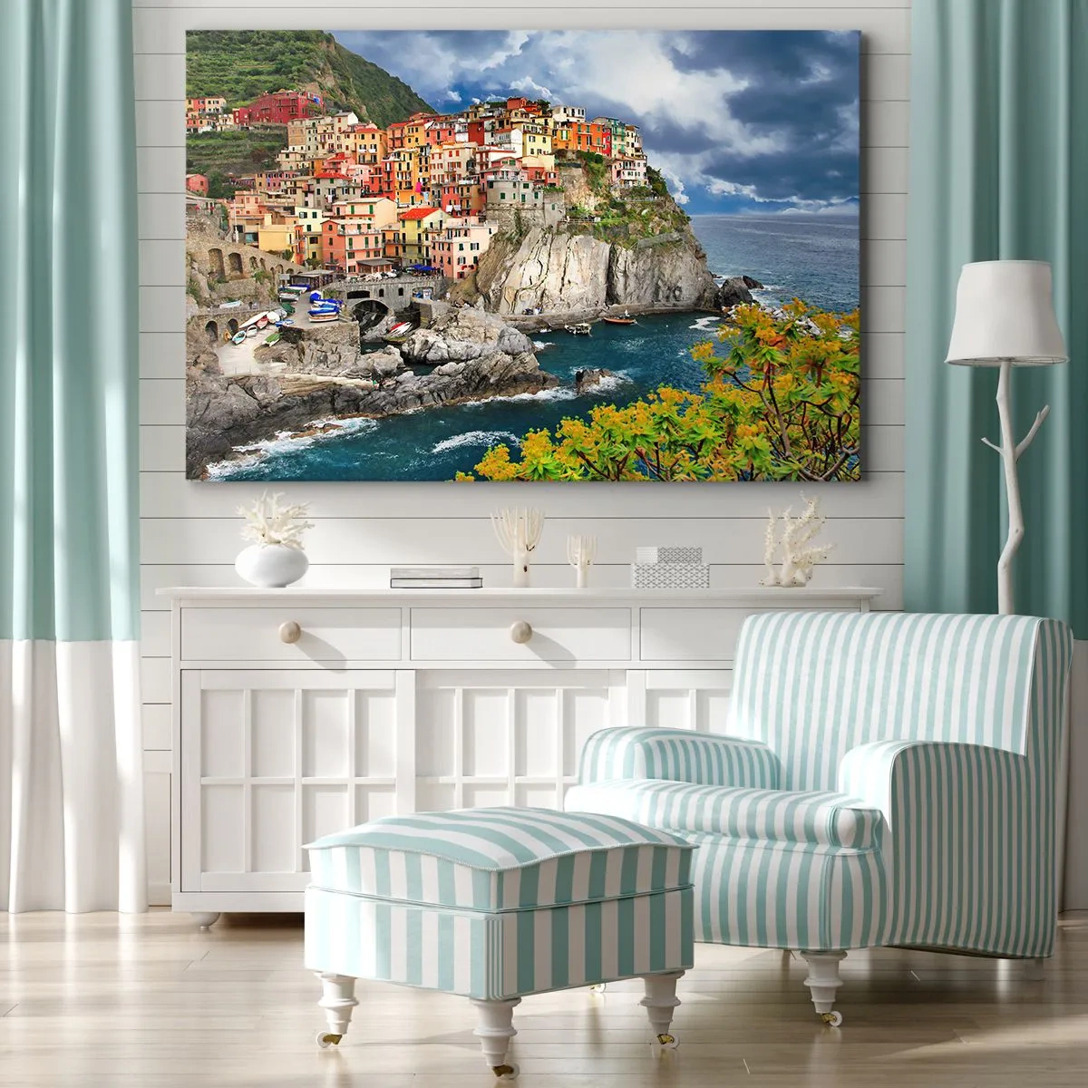 Canvas picture - Colorful houses on a cliff overlooking the sea in Cinque Terre - 70x50cm - Hugging the Rocks - Modern wall decoration for the living room and bedroom ARTTOR