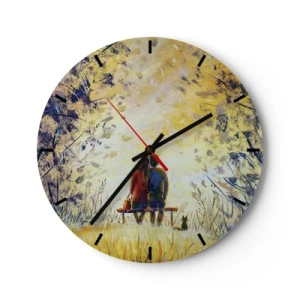 Wall clock - Clock on glass - A couple sitting on a bench in the golden light of nature - 30x30cm - Magical Moment - Modern wall decoration for the living room, kitchen, and bedroom ARTTOR