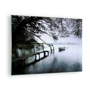 Glass picture - A wooden jetty over a foggy lake with a boat in the background - 70x50cm - You Are Resting Now - Modern wall decoration for the living room and bedroom ARTTOR