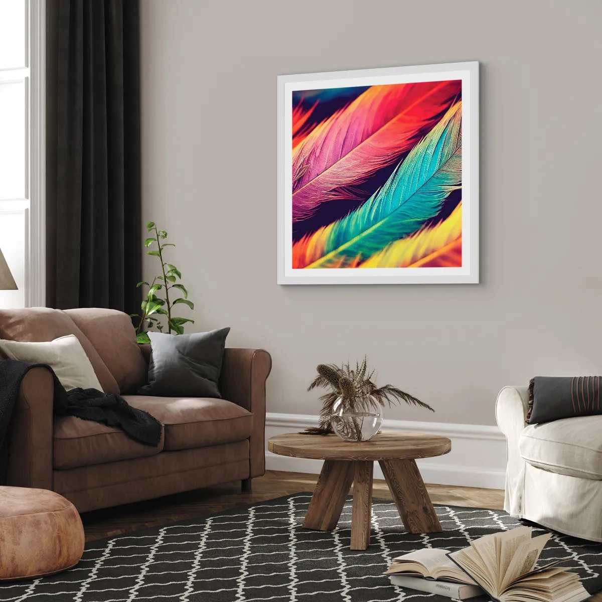 Poster in white frmae - Feathered Rainbow - 50x50 cm