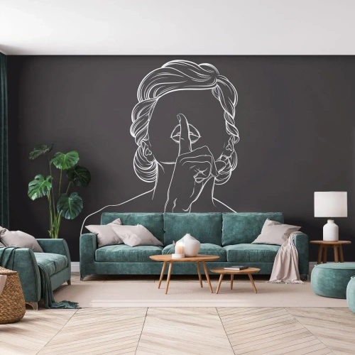 Photo Wallpaper Standard Eco - Contour drawing of a woman on a black background making a gesture of silence - 100x70cm - Beauty Blossoms in Soul - Modern wall decoration for the living room and bedroom ARTTOR