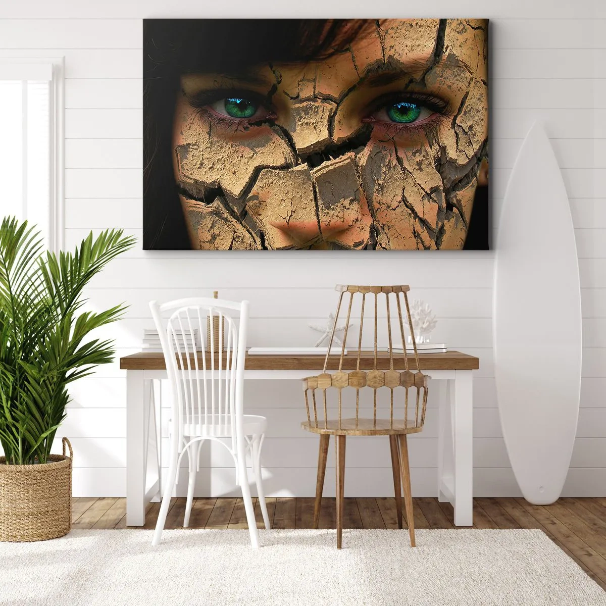 Canvas picture - The face of a woman with green eyes covered with a cracked earth structure - 70x50cm - Delight and Horror - Modern wall decoration for the living room and bedroom ARTTOR