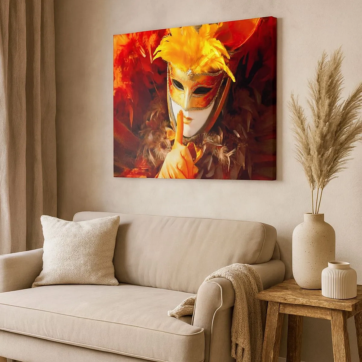 Canvas picture - Carnival mask in shades of gold and orange - 70x50cm - Secret Is Part of the Game - Modern wall decoration for the living room and bedroom ARTTOR