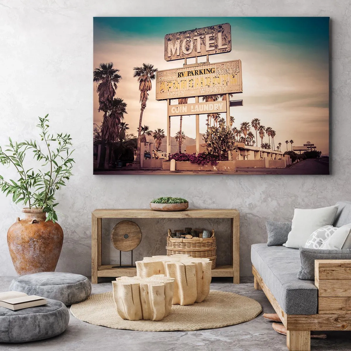 Canvas picture - Retro motel sign surrounded by palm trees - 70x50cm - The Time Stopped Here - Modern wall decoration for the living room and bedroom ARTTOR