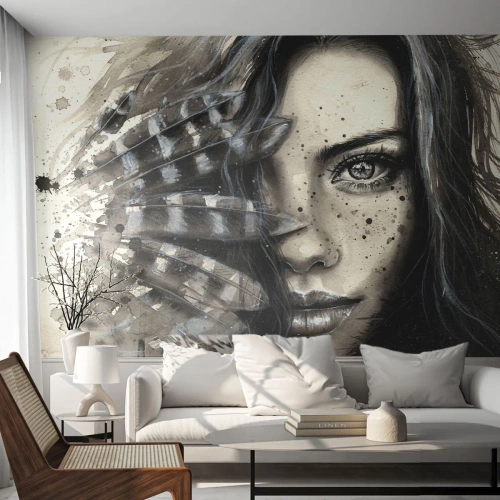 Photo Wallpaper Premium Canvas - Wild Beauty - Woman, Bird feathers, Graphics - 350x256 cm
