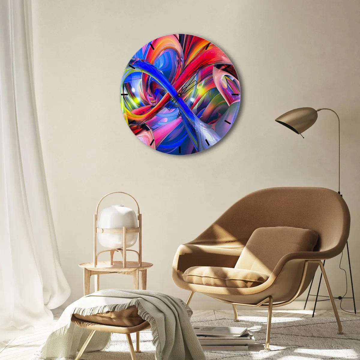 Wall clock - Clock on glass - Dance of Colours - 30x30 cm