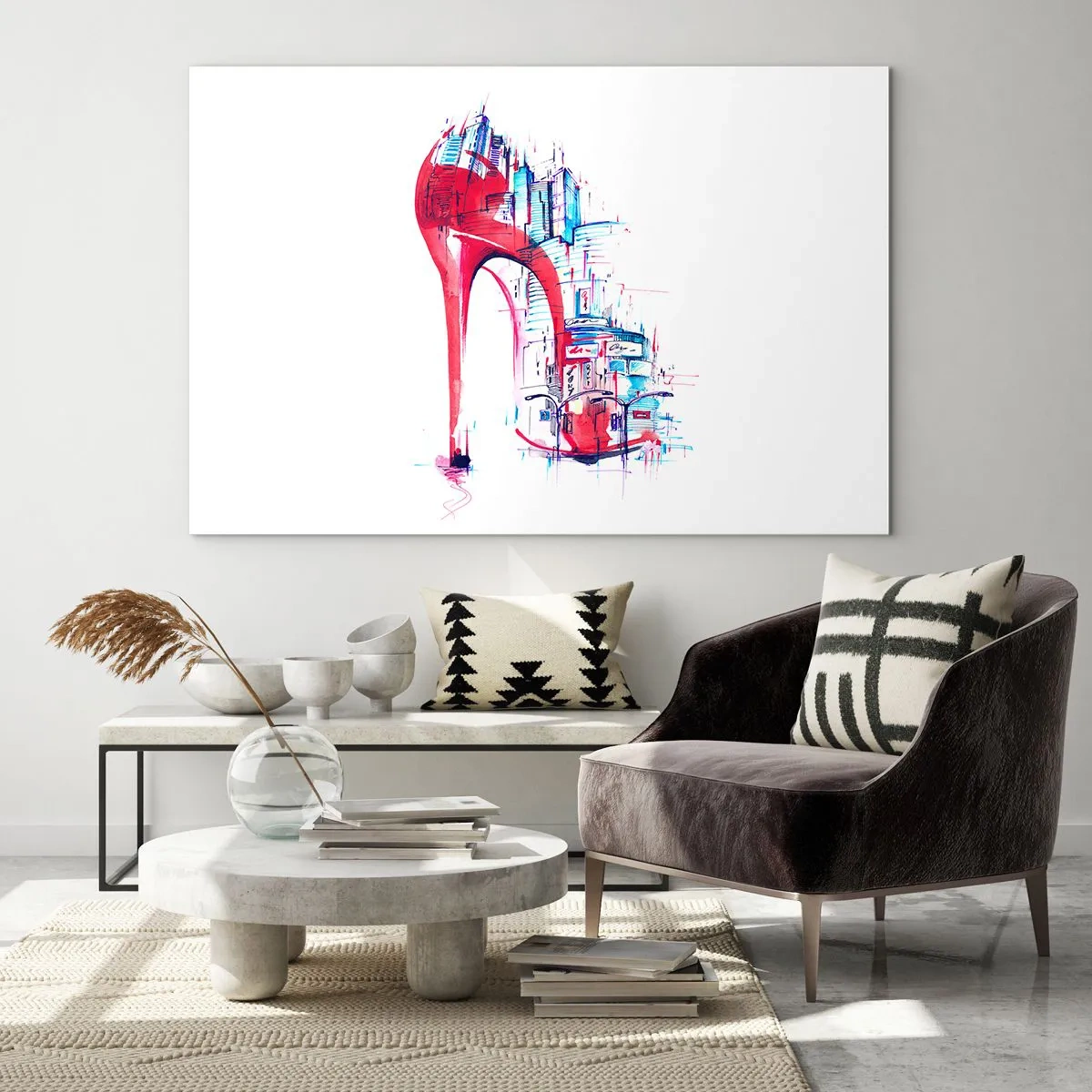 Glass picture - Red stiletto with an urban architecture motif - 70x50cm - Big City Elegance - Modern wall decoration for the living room and bedroom ARTTOR