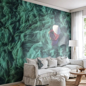 Photo Wallpaper Standard Eco - Traditional Vietnamese weaver in green fishing nets - 100x70cm - In the Sea of Nets - Modern wall decoration for the living room and bedroom ARTTOR