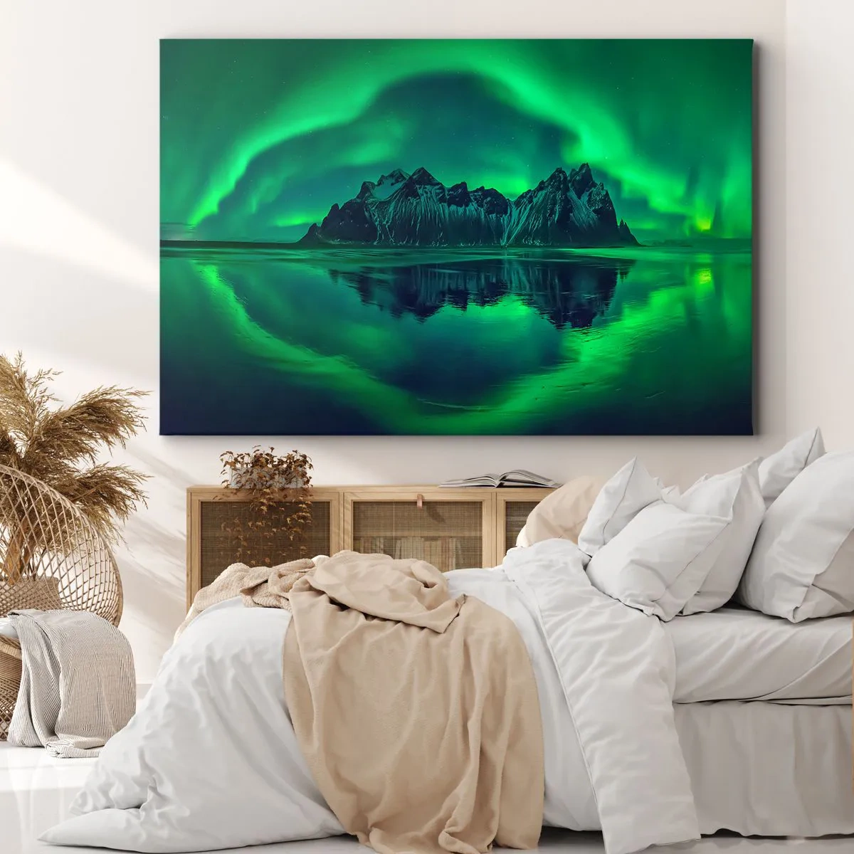 Canvas picture - Mountains surrounded by aurora borealis reflected in the water - 70x50cm - In the Arms of a Dawn - Modern wall decoration for the living room and bedroom ARTTOR