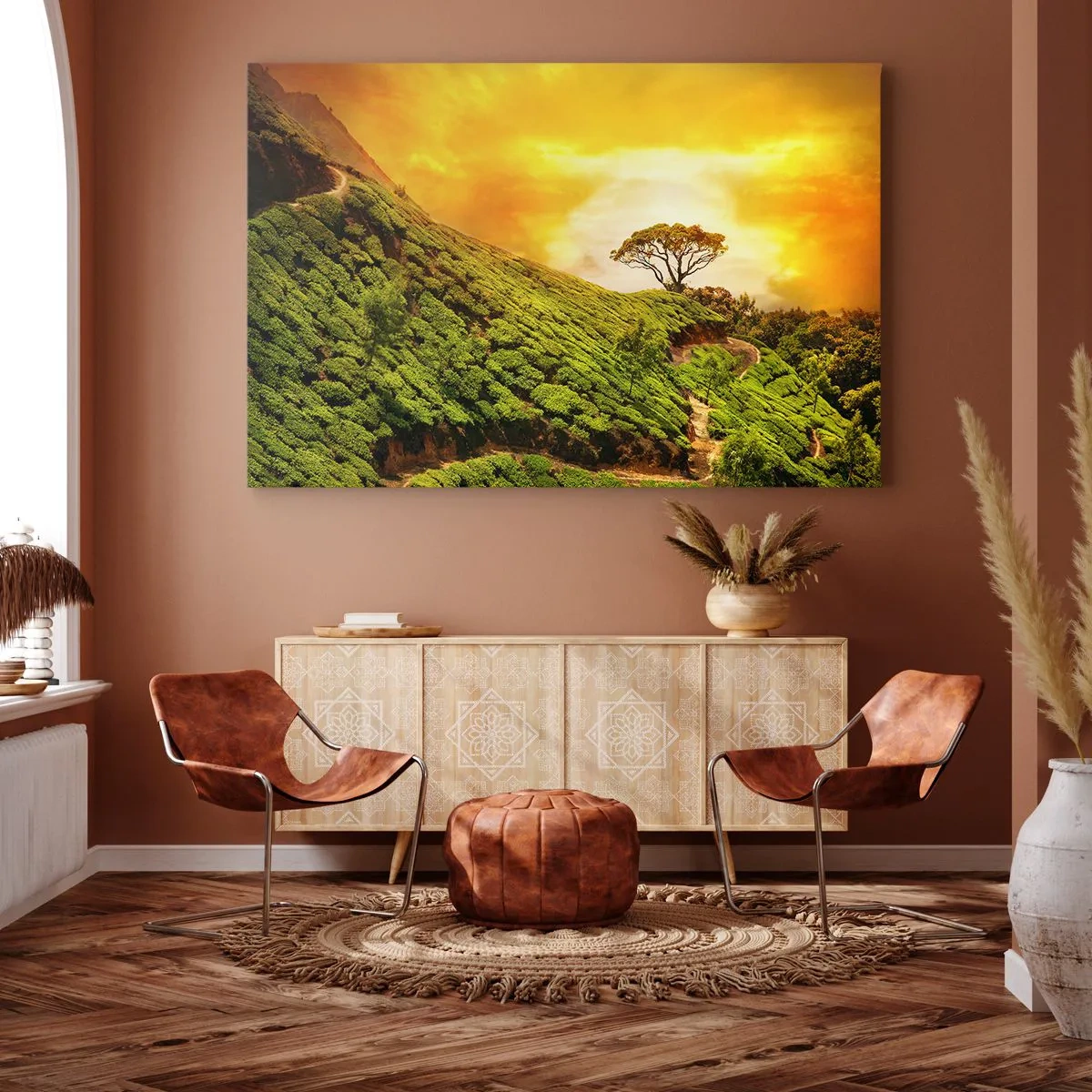 Canvas picture - Green hills of tea plantations at sunset - 70x50cm - Winding Path, Green Slope - Modern wall decoration for the living room and bedroom ARTTOR