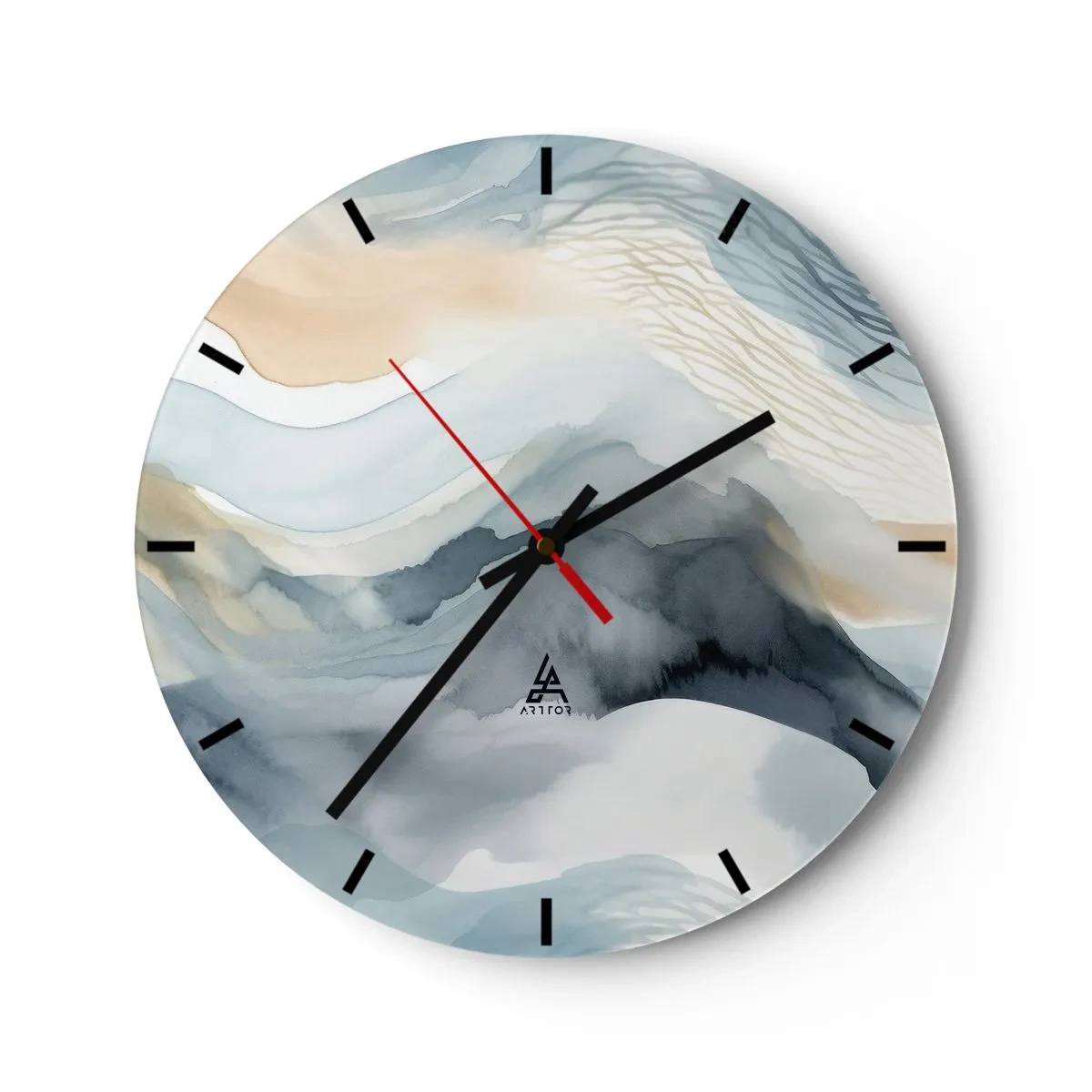 Wall clock - Clock on glass - Abstract landscape in shades of blue and beige - 30x30cm - Snowy and Foggy Abstract - Modern wall decoration for the living room, kitchen, and bedroom ARTTOR