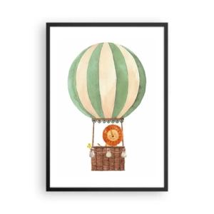 Poster in black frame - A lovely watercolor illustration of a lion traveling in a hot air balloon on a white background. - 50x70cm - Leon's Adventures - Modern wall decoration for the living room and bedroom ARTTOR