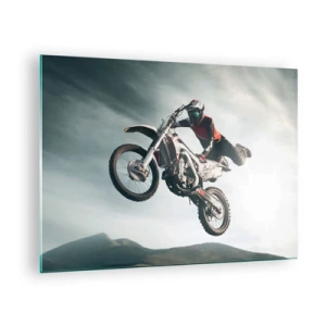Glass picture - A motorcyclist performs acrobatics in the air with mountains in the background. - 70x50cm - No Risk, No Fun - Modern wall decoration for the living room and bedroom ARTTOR