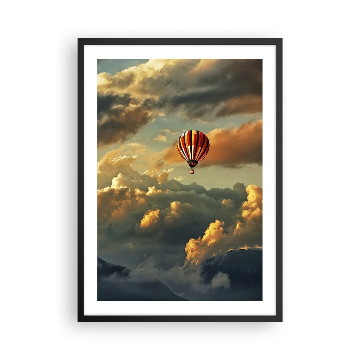 Poster in black frame - A balloon among the clouds at sunset - 50x70cm - I Like Flying - Modern wall decoration for the living room and bedroom ARTTOR