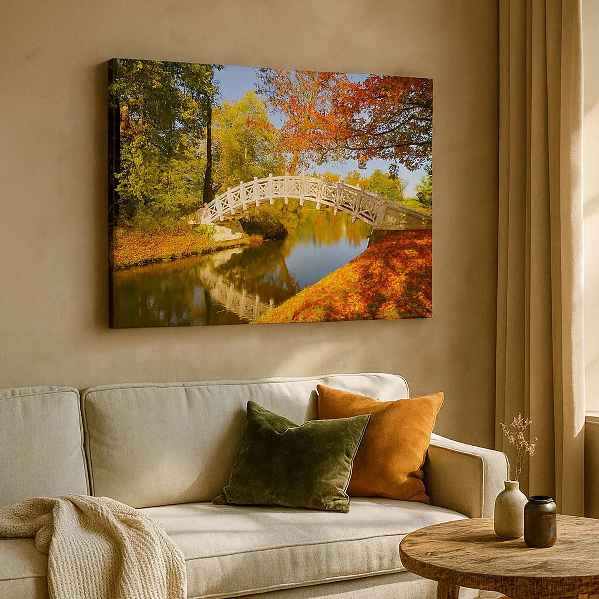 Canvas picture - A bridge in a park surrounded by autumn leaves over calm water - 70x50cm - On a White Bridge of Sighs - Modern wall decoration for the living room and bedroom ARTTOR