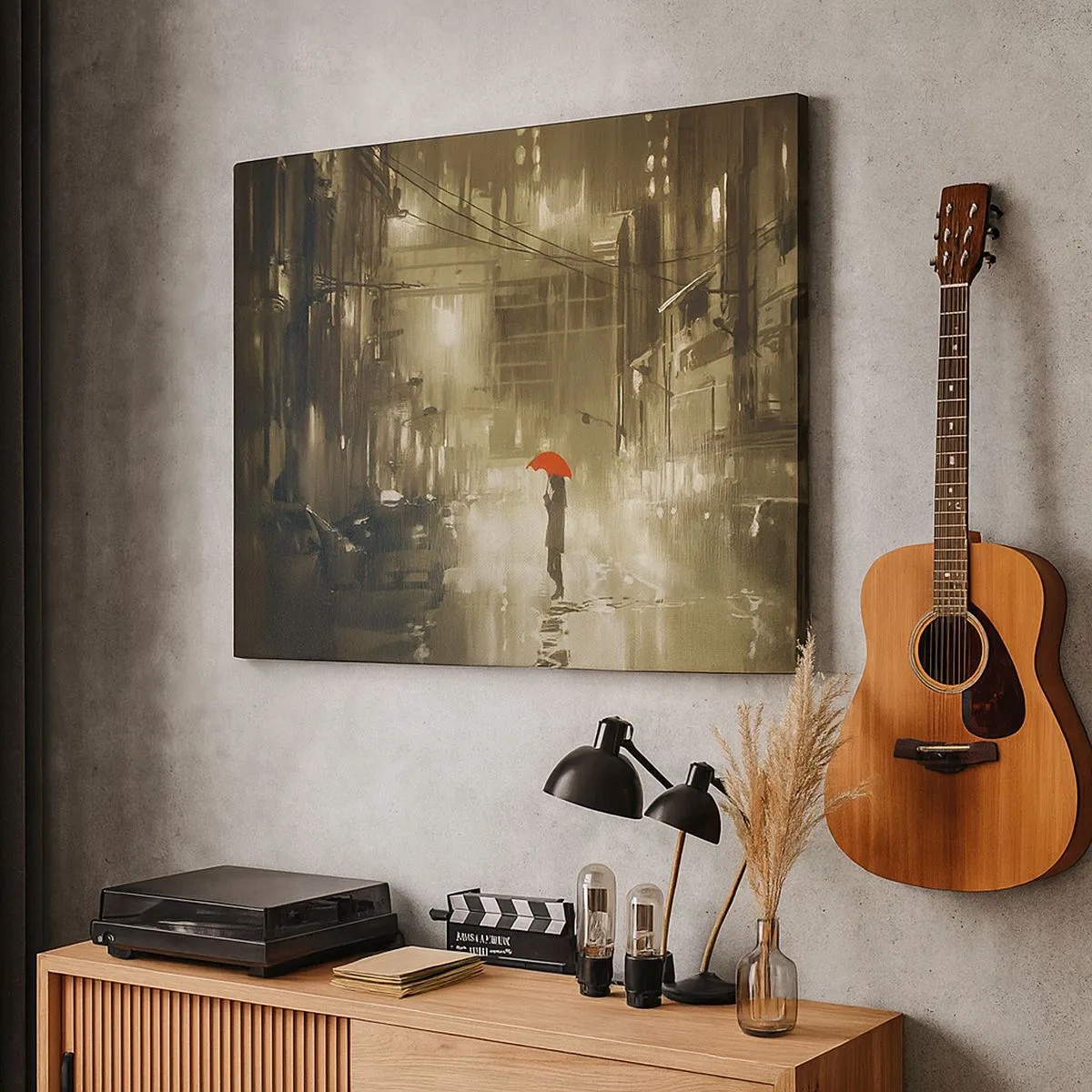 Canvas picture - A figure with a red umbrella in a rainy city - 70x50cm - Alone But Not Lonely - Modern wall decoration for the living room and bedroom ARTTOR