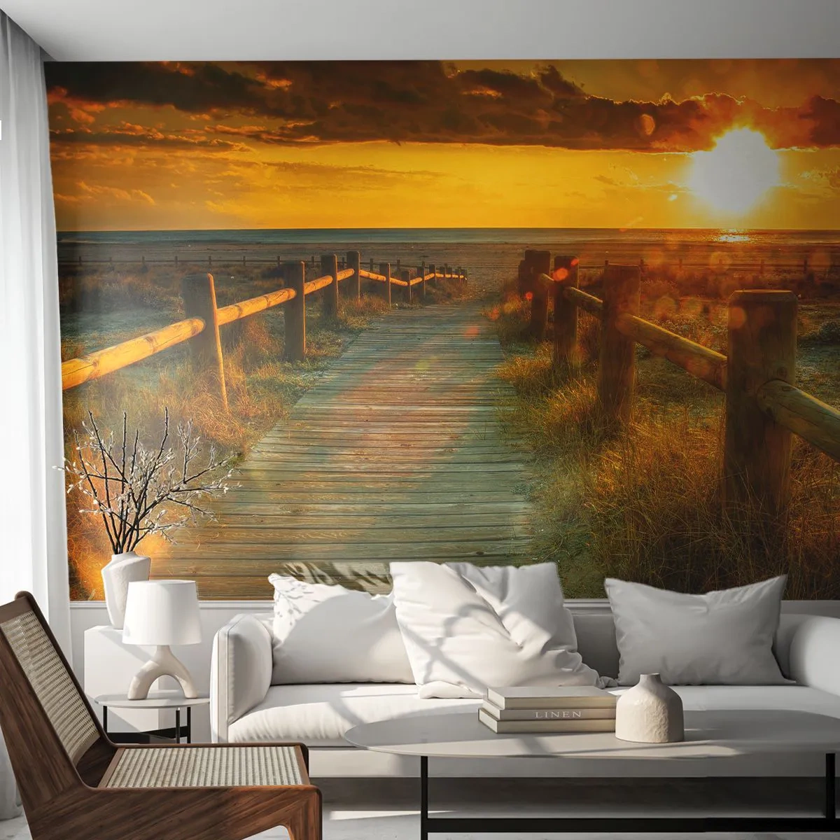 Photo Wallpaper Premium Canvas - Bathed in Old Gold - Landscape, Sea, Descent to the Beach - 350x256 cm