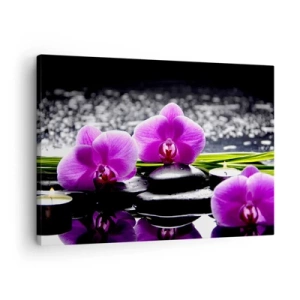 Canvas picture - Purple orchids against a background of stones and candles in a relaxing setting - 70x50cm - Drowning in Peace and Quiet - Modern wall decoration for the living room and bedroom ARTTOR