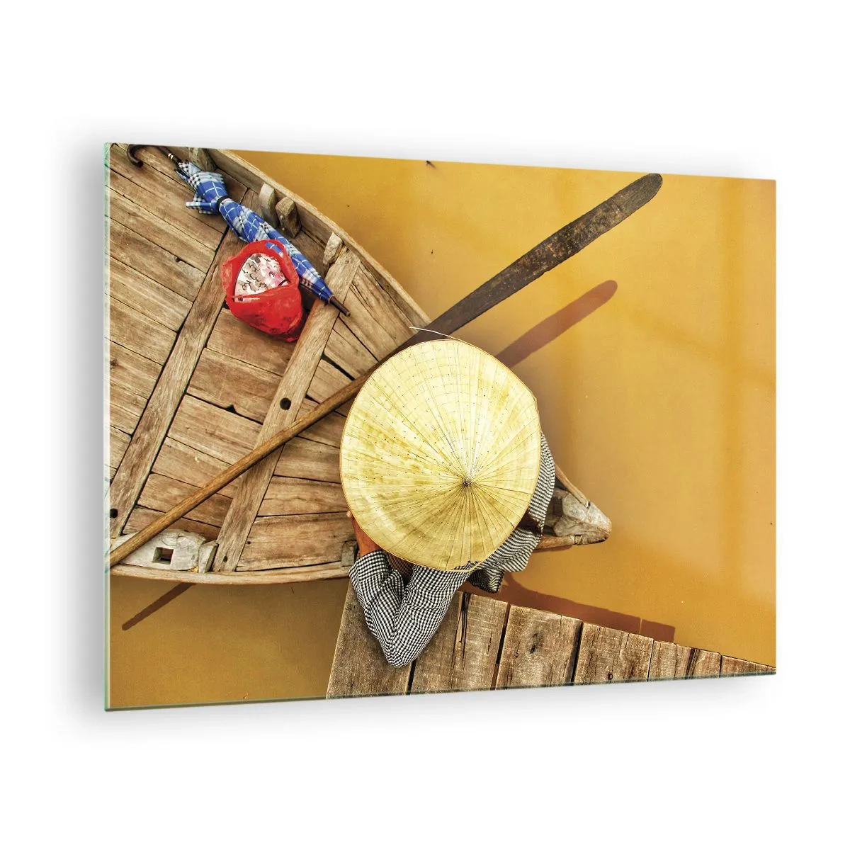 Glass picture - Top view of a boat and a person wearing a conical hat - 70x50cm - Life on a Yellow River - Modern wall decoration for the living room and bedroom ARTTOR