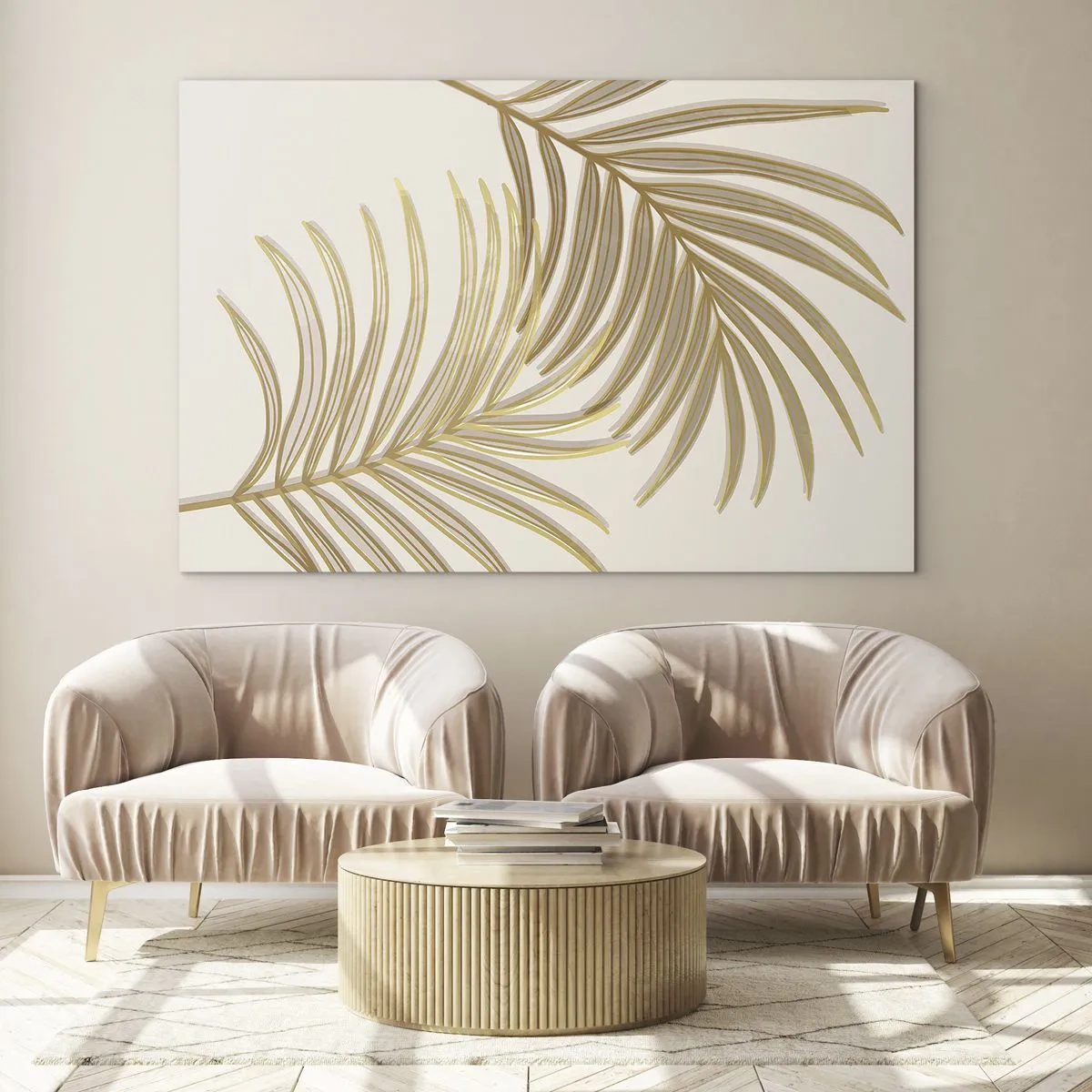 Glass picture - Golden palm leaves on a light background - 70x50cm - Golden Palm! - Modern wall decoration for the living room and bedroom ARTTOR