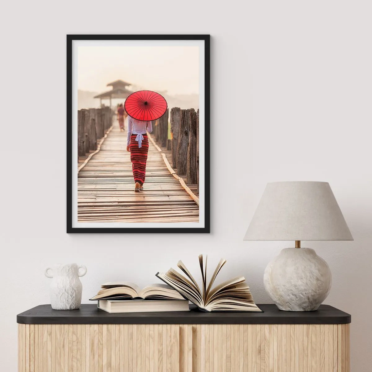 Poster in black frame - A woman with a red umbrella on a wooden bridge - 50x70cm - On an Old Bridge - Modern wall decoration for the living room and bedroom ARTTOR