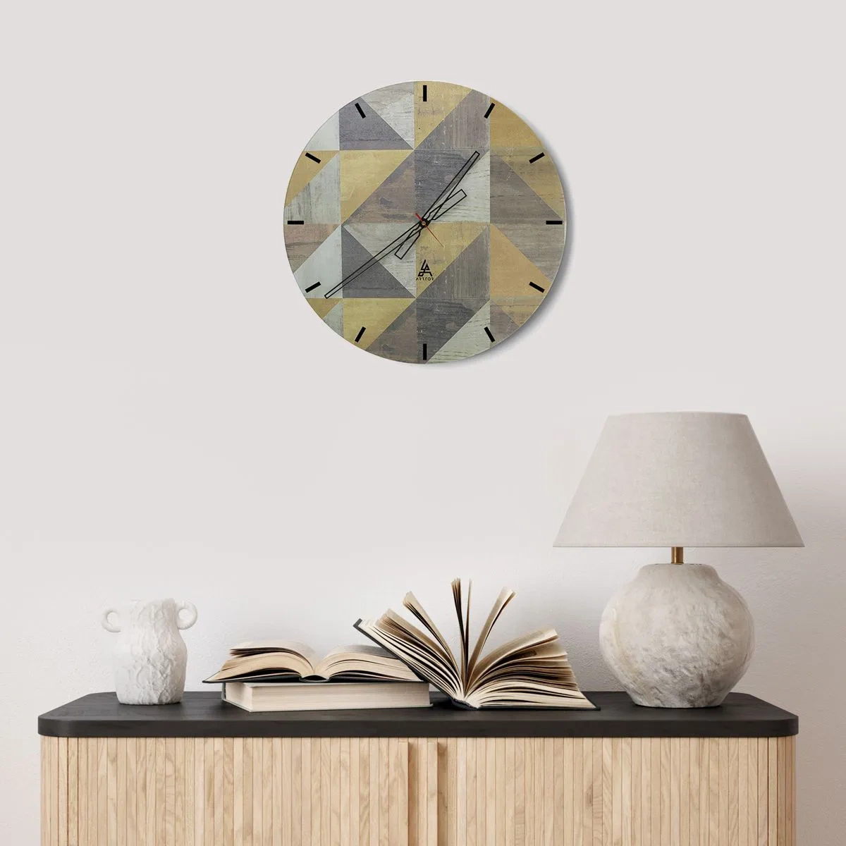 Wall clock - Clock on glass - Geometric pattern of triangles in shades of gray and beige - 30x30cm - The Art. of Triangles - Modern wall decoration for the living room, kitchen, and bedroom ARTTOR