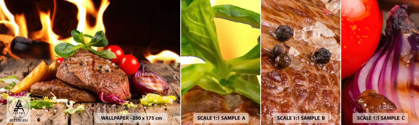 Photo Wallpaper Sample Self-Adhesive Deluxe Sticker - Smokey Barbecue - Gastronomy, steak, Flames of Fire - 100x30 cm