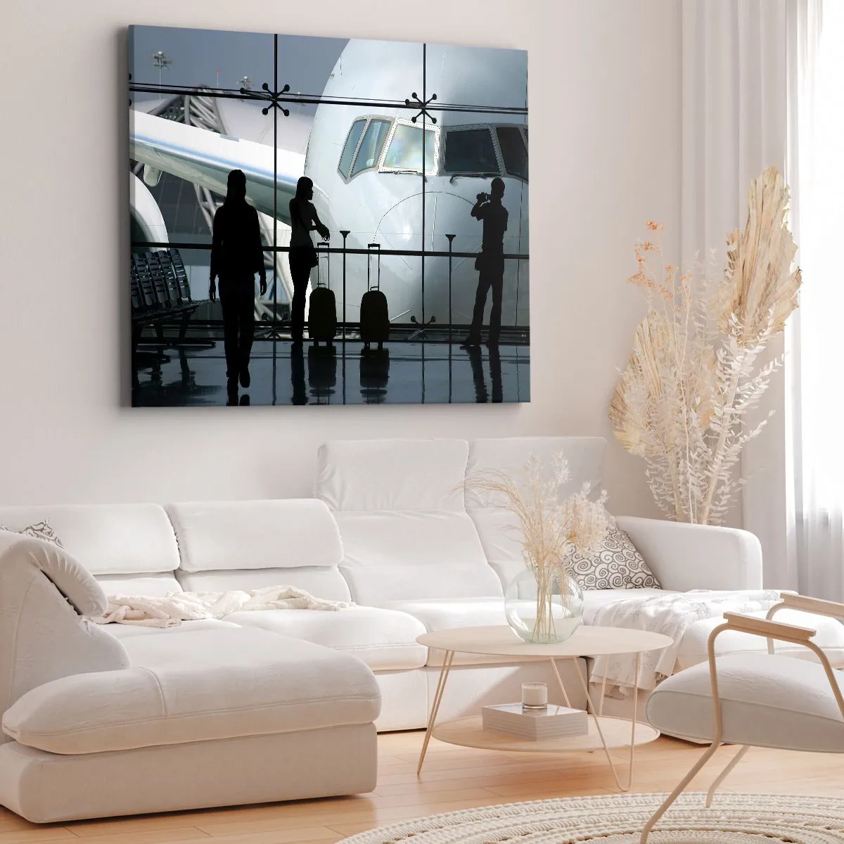 Canvas picture - Airport with silhouettes of people and a view of the plane - 70x50cm - Via a Vis at the Aiport - Modern wall decoration for the living room and bedroom ARTTOR