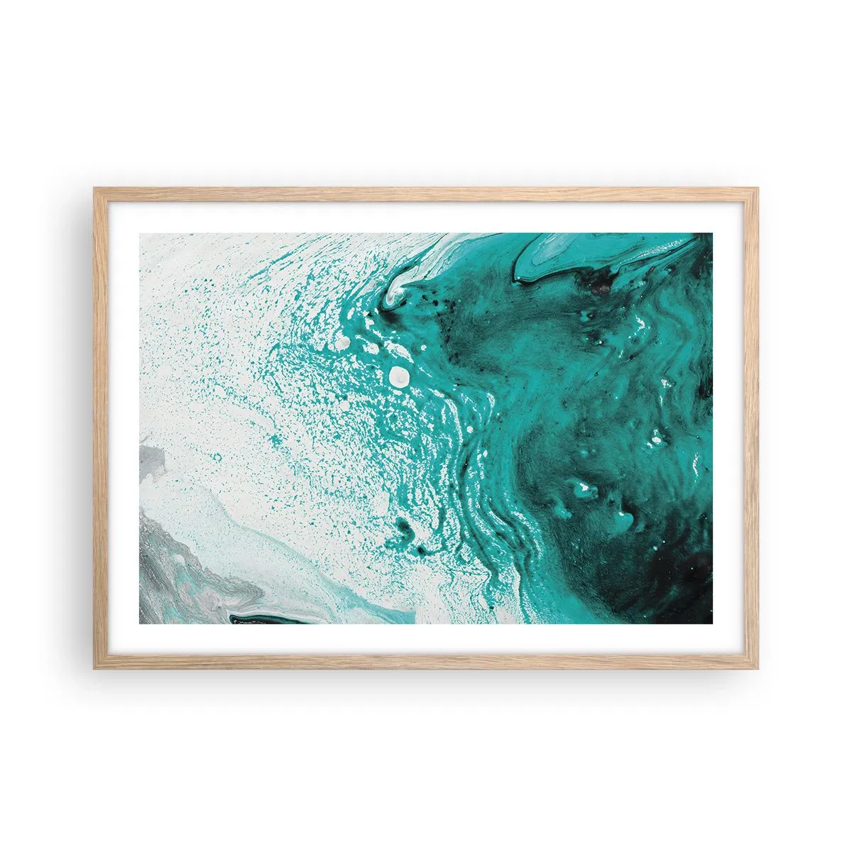 Poster in light oak frame - Dissolving in White and Turquoise - 70x50 cm
