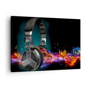 Canvas picture - Black headphones with a colorful music visualization effect - 70x50cm - In the Fire of Music - Modern wall decoration for the living room and bedroom ARTTOR