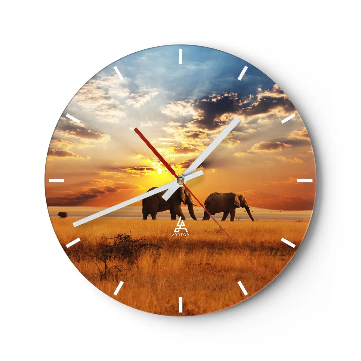 Wall clock - Clock on glass - Elephants walking on the savannah at sunset - 30x30cm - Family Walk - Modern wall decoration for the living room, kitchen, and bedroom ARTTOR