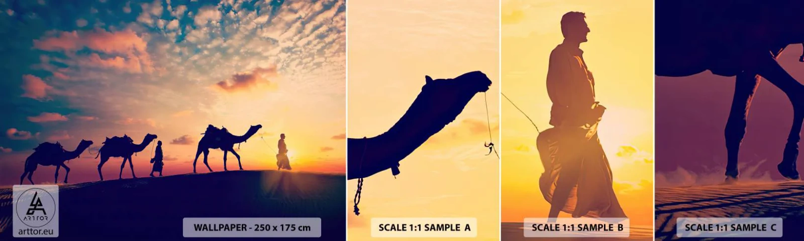 Photo Wallpaper Sample Self-Adhesive Deluxe Sticker - Mysterious Spirit of the Orient - Landscape, Desert, Camel - 100x30 cm