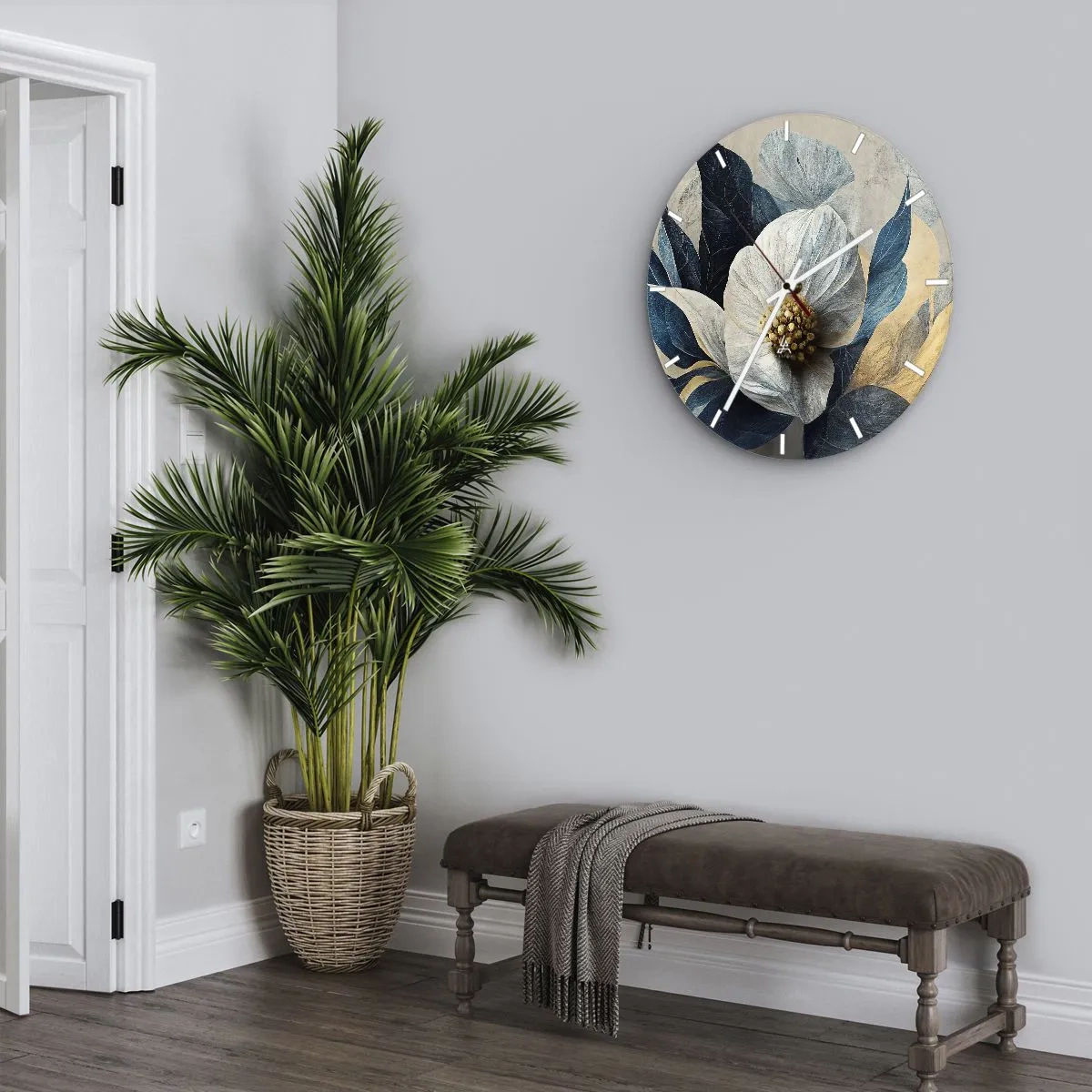 Wall clock - Clock on glass - A white floral arrangement with navy blue leaves and a gold center - 30x30cm - With a Heart of Gold - Modern wall decoration for the living room, kitchen, and bedroom ARTTOR