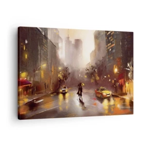 Canvas picture - An urban scene at night in the light of street lamps and reflections on a wet street. - 70x50cm - In New York Lights - Modern wall decoration for the living room and bedroom ARTTOR