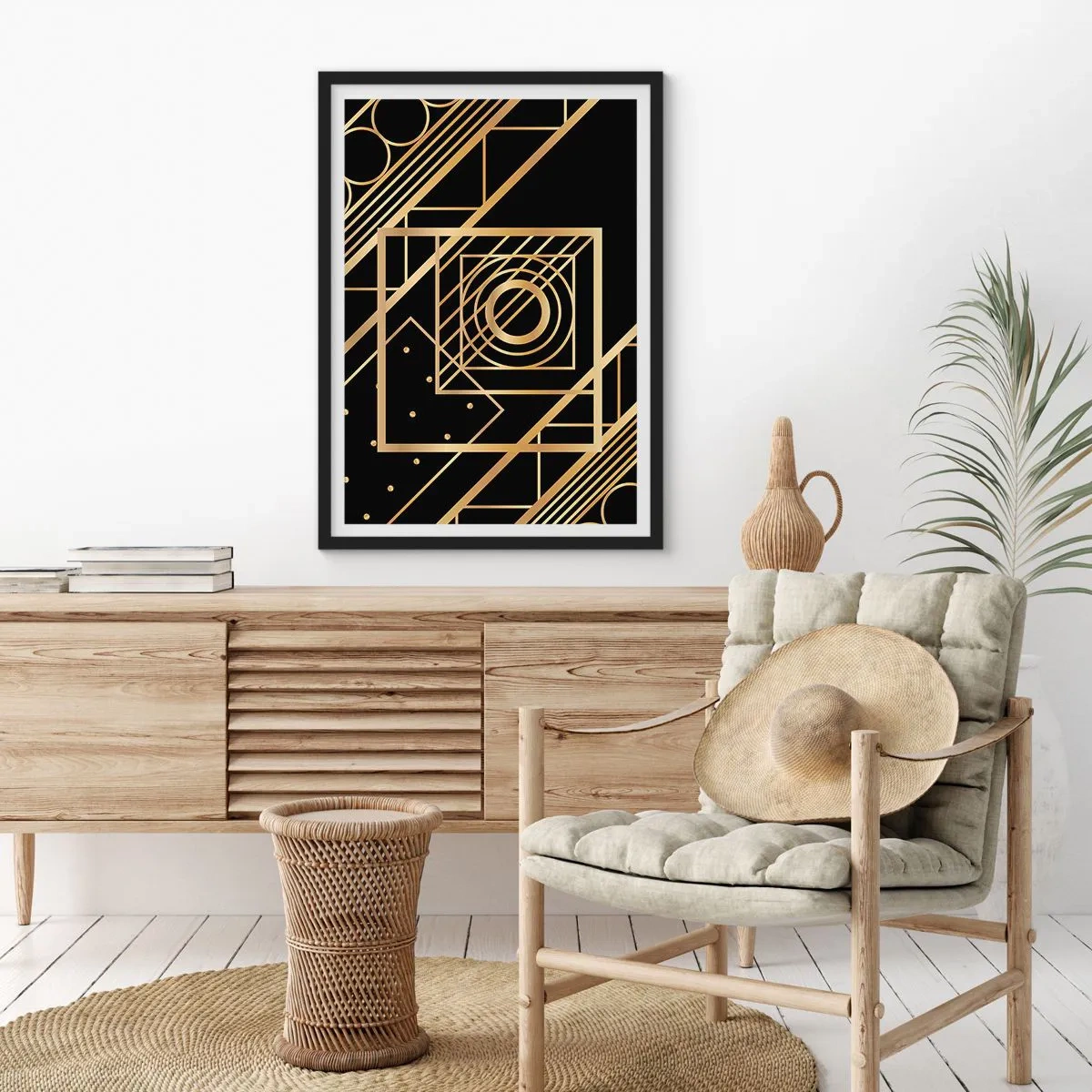 Poster in black frame - Golden geometric patterns on a black background in the Art Deco style - 50x70cm - Golden Geometry - Modern wall decoration for the living room and bedroom ARTTOR