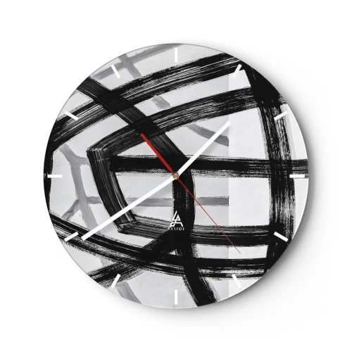 Wall clock - Clock on glass - Dynamic black brushstrokes creating three-dimensional patterns - 30x30cm - Building Depth - Modern wall decoration for the living room, kitchen, and bedroom ARTTOR